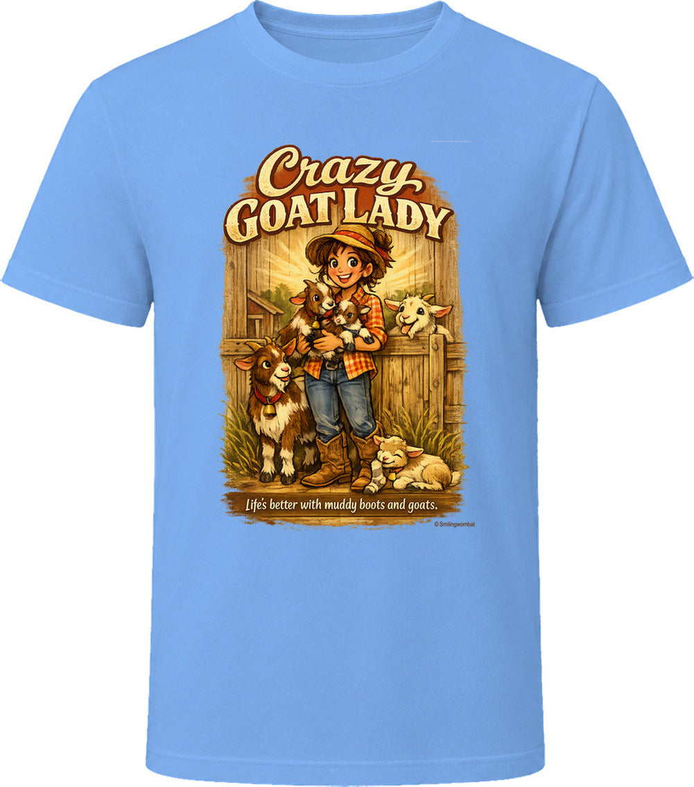 Light blue Crazy Goat Lady T-shirt with a woman holding baby goats in a rustic barn scene
