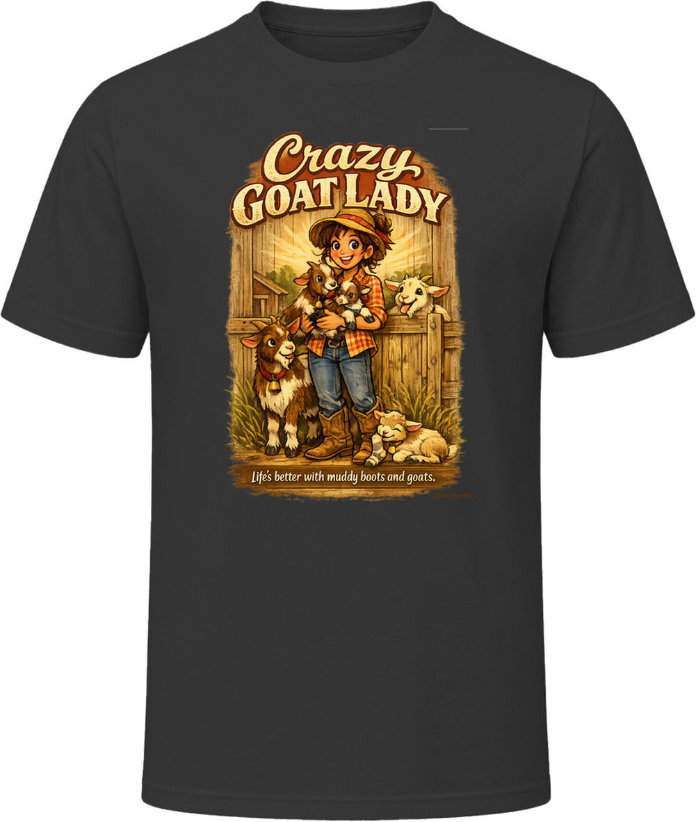 Black Crazy Goat Lady T-shirt with a woman holding baby goats in a rustic barn scene
