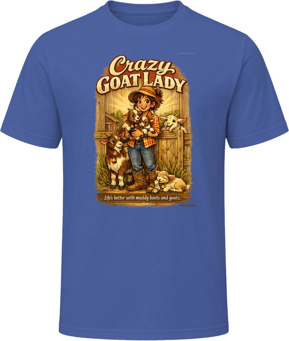 Navy Crazy Goat Lady T-shirt with a woman holding baby goats in a rustic barn scene
