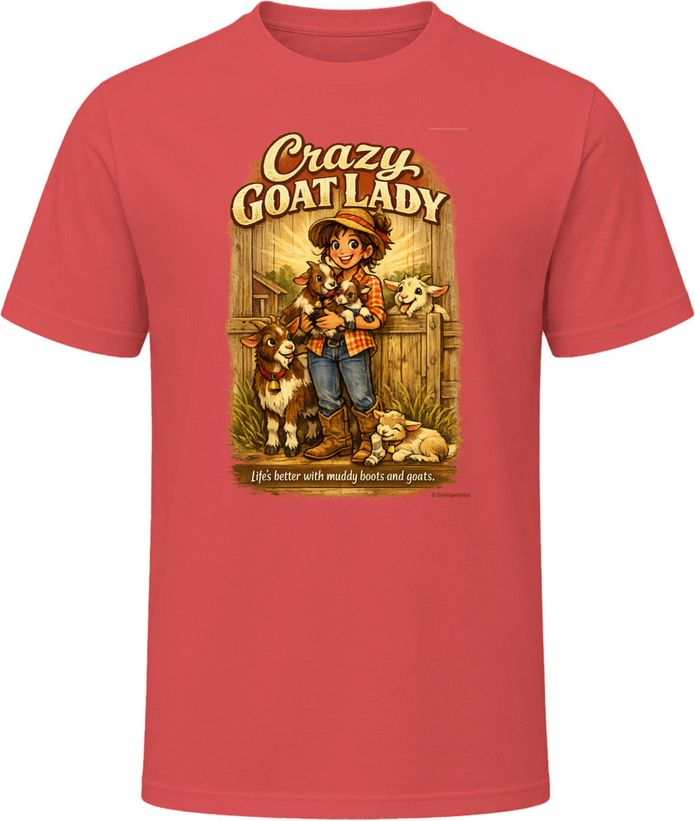 Red Crazy Goat Lady T-shirt with a woman holding baby goats in a rustic barn scene
