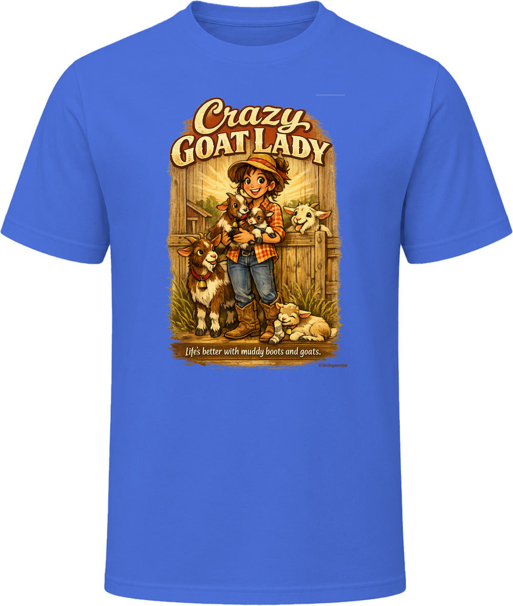 Royal blue Crazy Goat Lady T-shirt with a woman holding baby goats in a rustic barn scene
