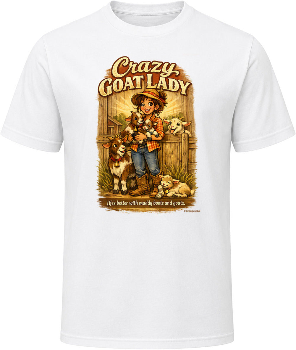 White Crazy Goat Lady T-shirt with a woman holding baby goats in a rustic barn scene
