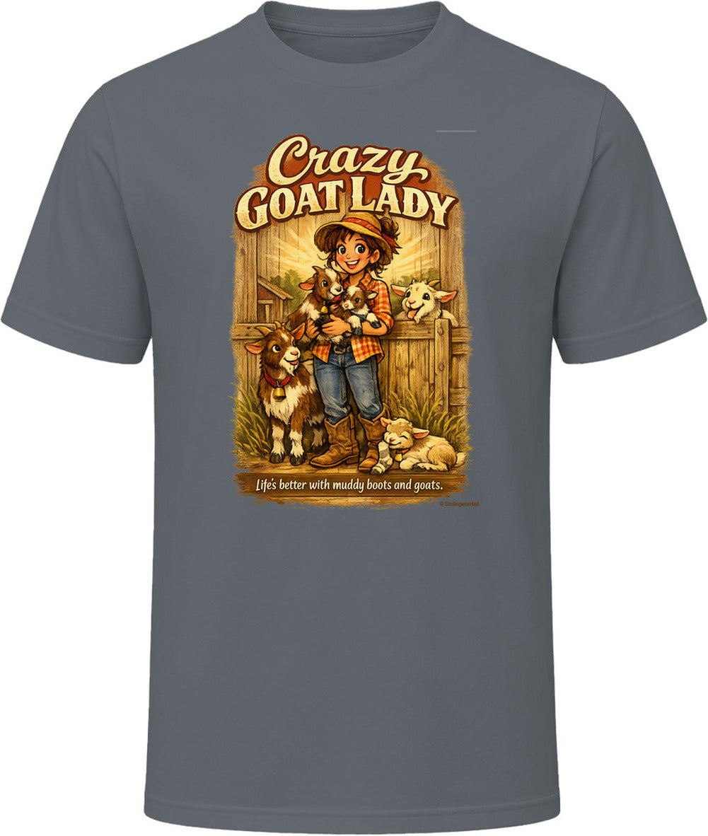 Charcoal grey Crazy Goat Lady T-shirt with a woman holding baby goats in a rustic barn scene
