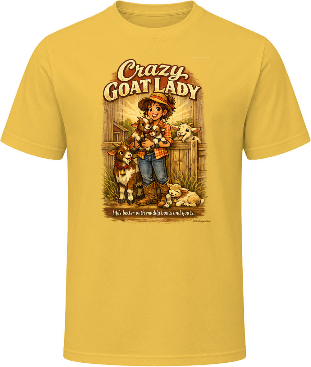 Daisy yellow Crazy Goat Lady T-shirt with a woman holding baby goats in a rustic barn scene
