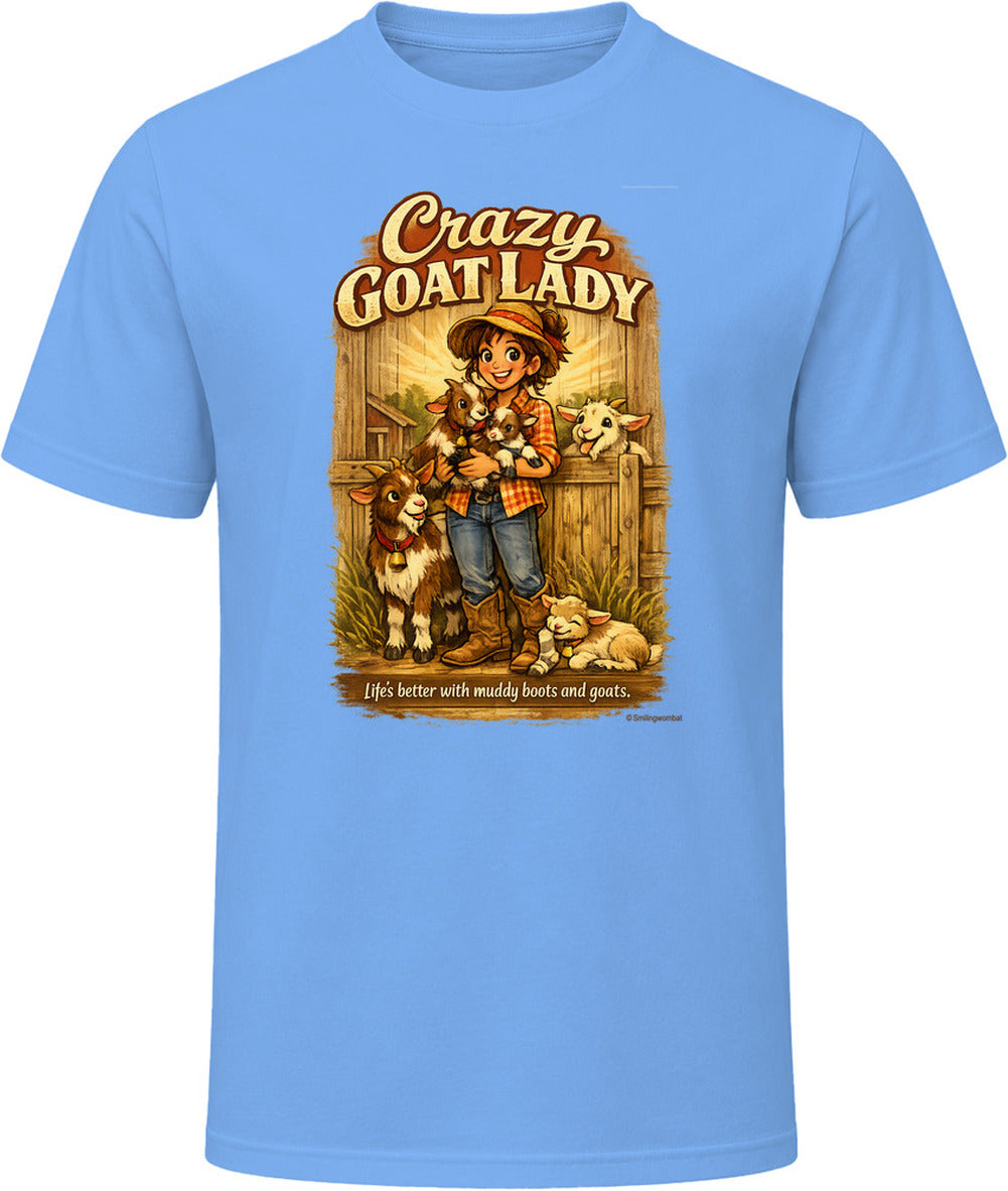 Light blue Crazy Goat Lady T-shirt with a woman holding baby goats in a rustic barn scene
