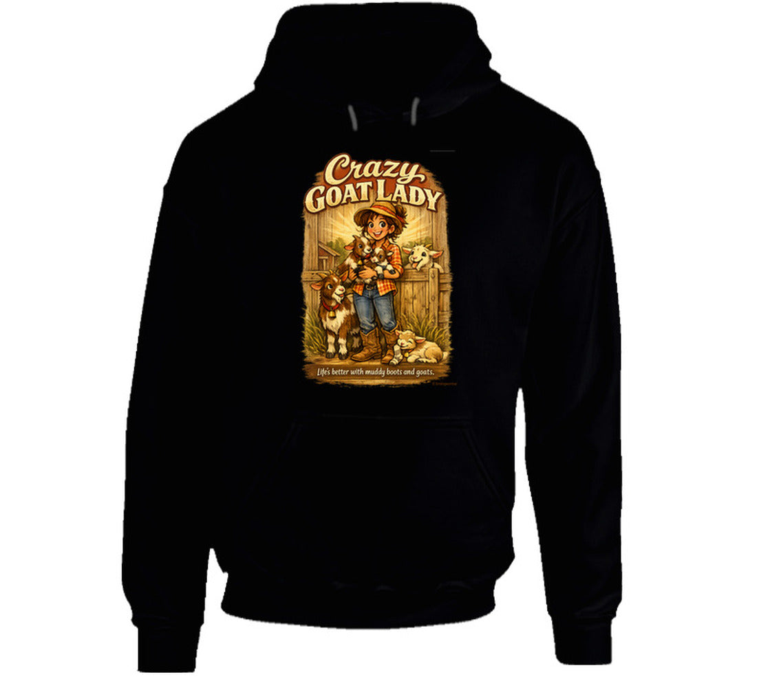Black Crazy Goat Lady pullover hoodie with a woman holding baby goats in a rustic barn scene
