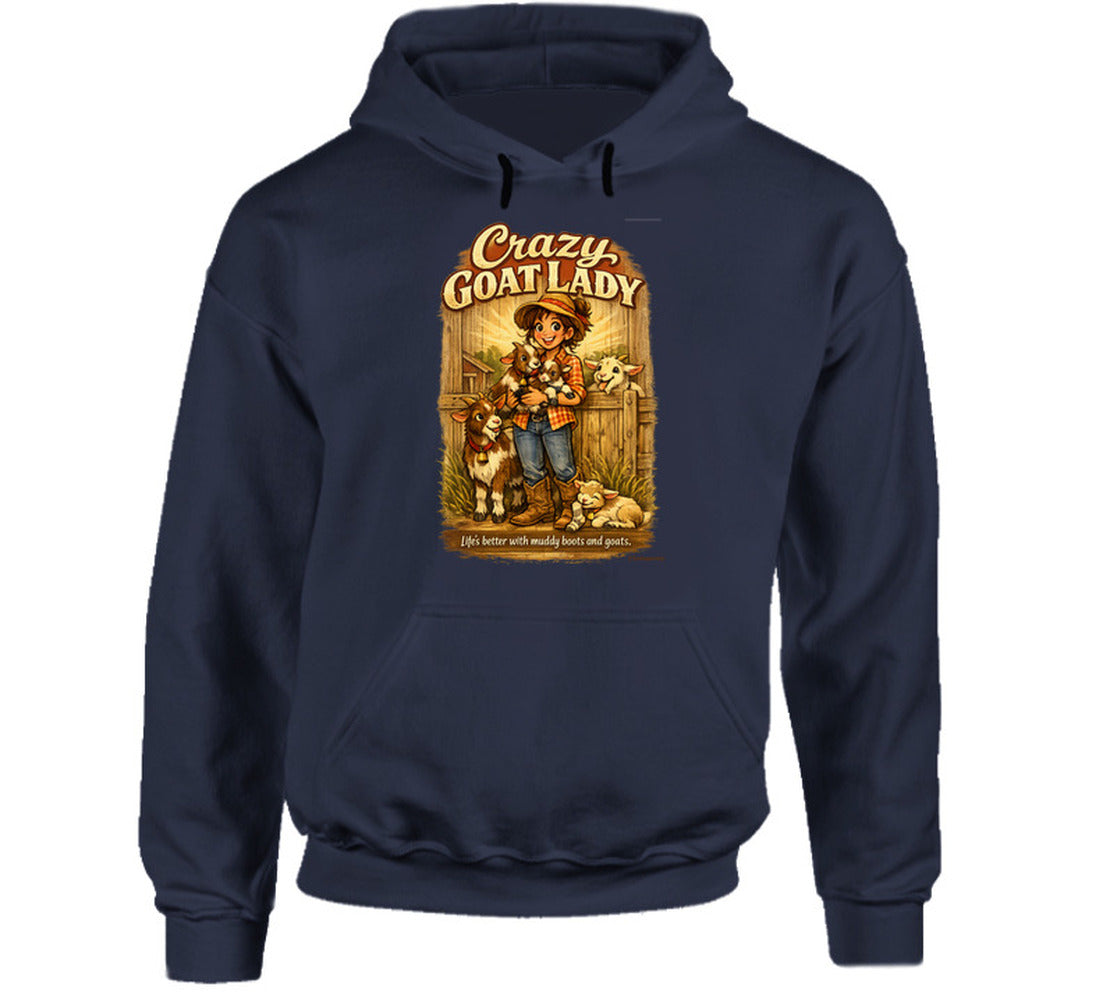 Navy Crazy Goat Lady pullover hoodie with a woman holding baby goats in a rustic barn scene
