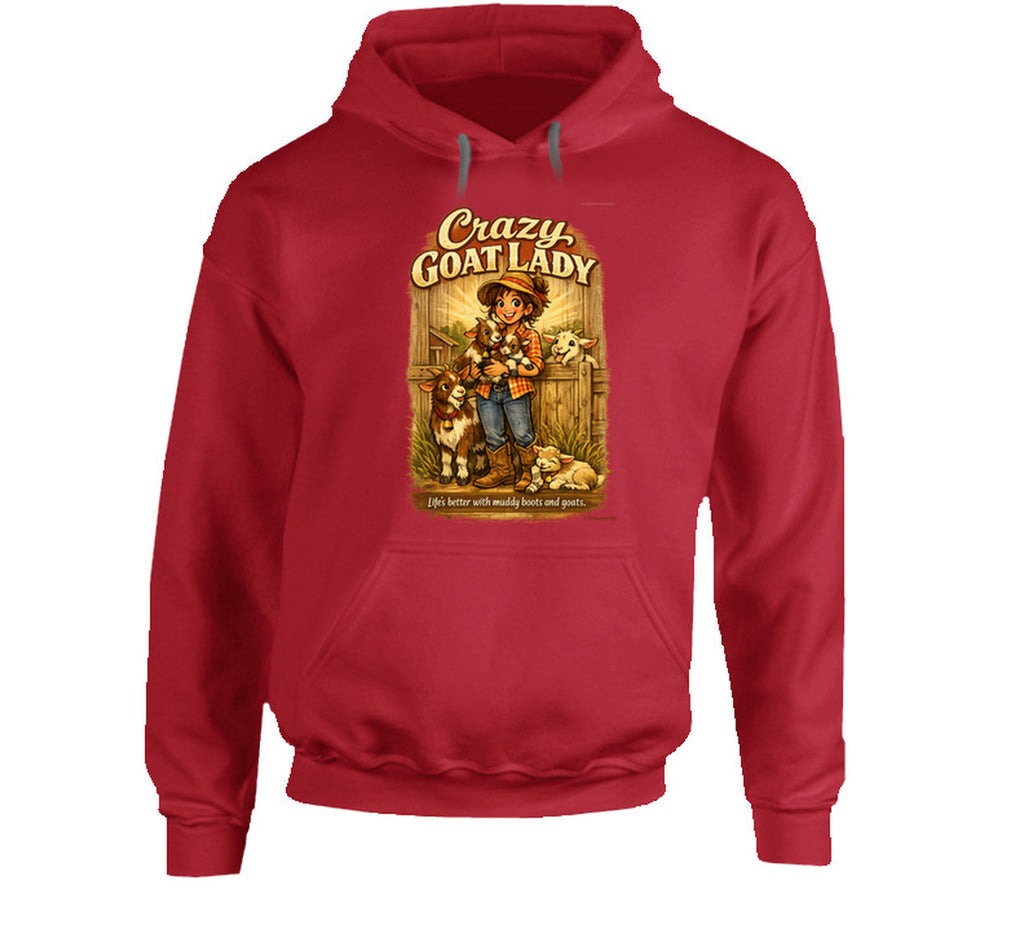 Red Crazy Goat Lady pullover hoodie with a woman holding baby goats in a rustic barn scene
