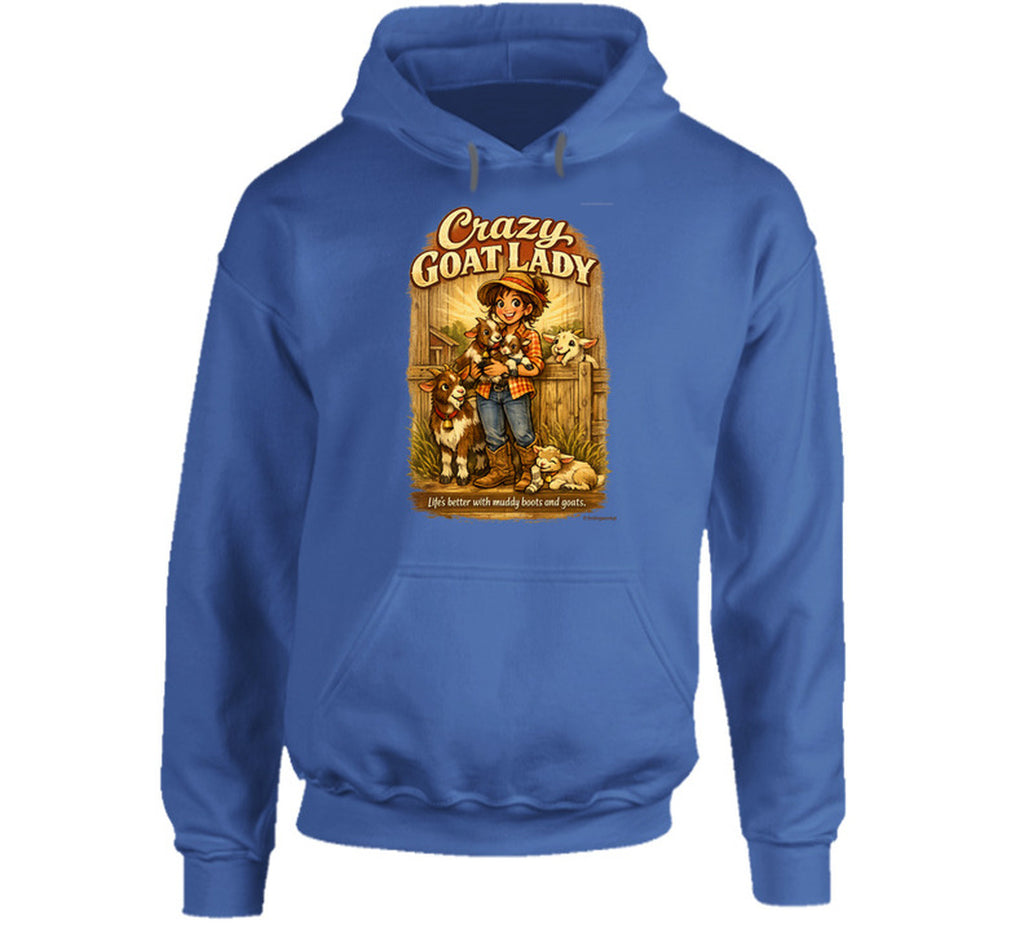 Royal blue Crazy Goat Lady pullover hoodie with a woman holding baby goats in a rustic barn scene
