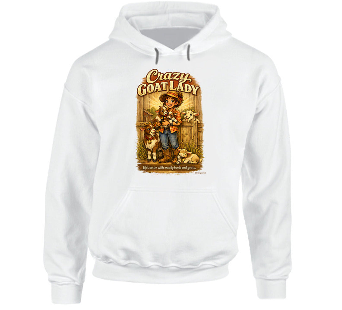 White Crazy Goat Lady pullover hoodie with a woman holding baby goats in a rustic barn scene
