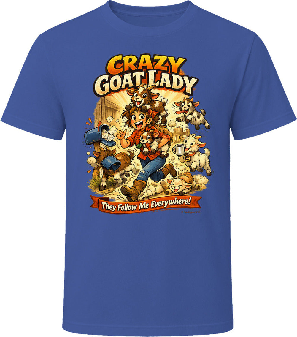 Navy T-shirt with Crazy Goat Lady cartoon woman and goats, reading They Follow Me Everywhere! 