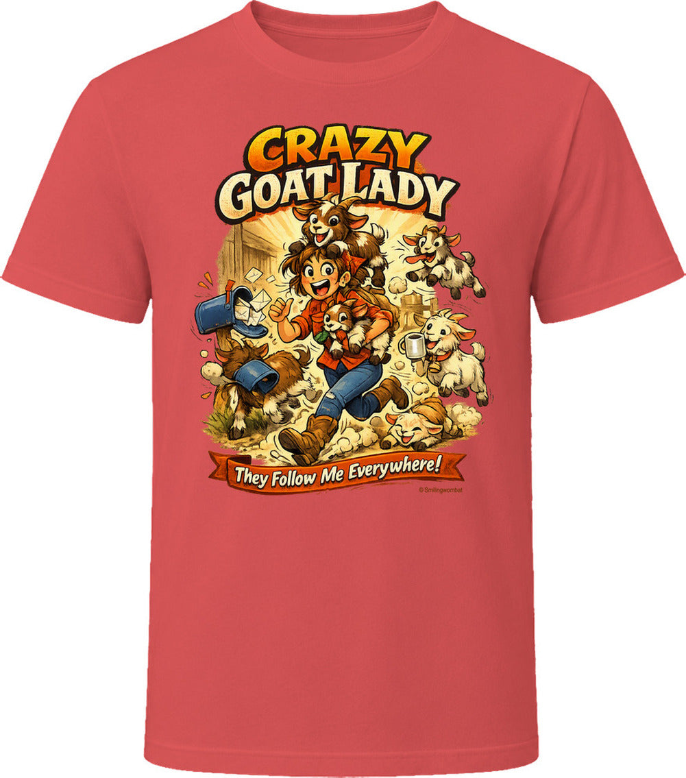 Red T-shirt with Crazy Goat Lady cartoon woman and goats, reading They Follow Me Everywhere!