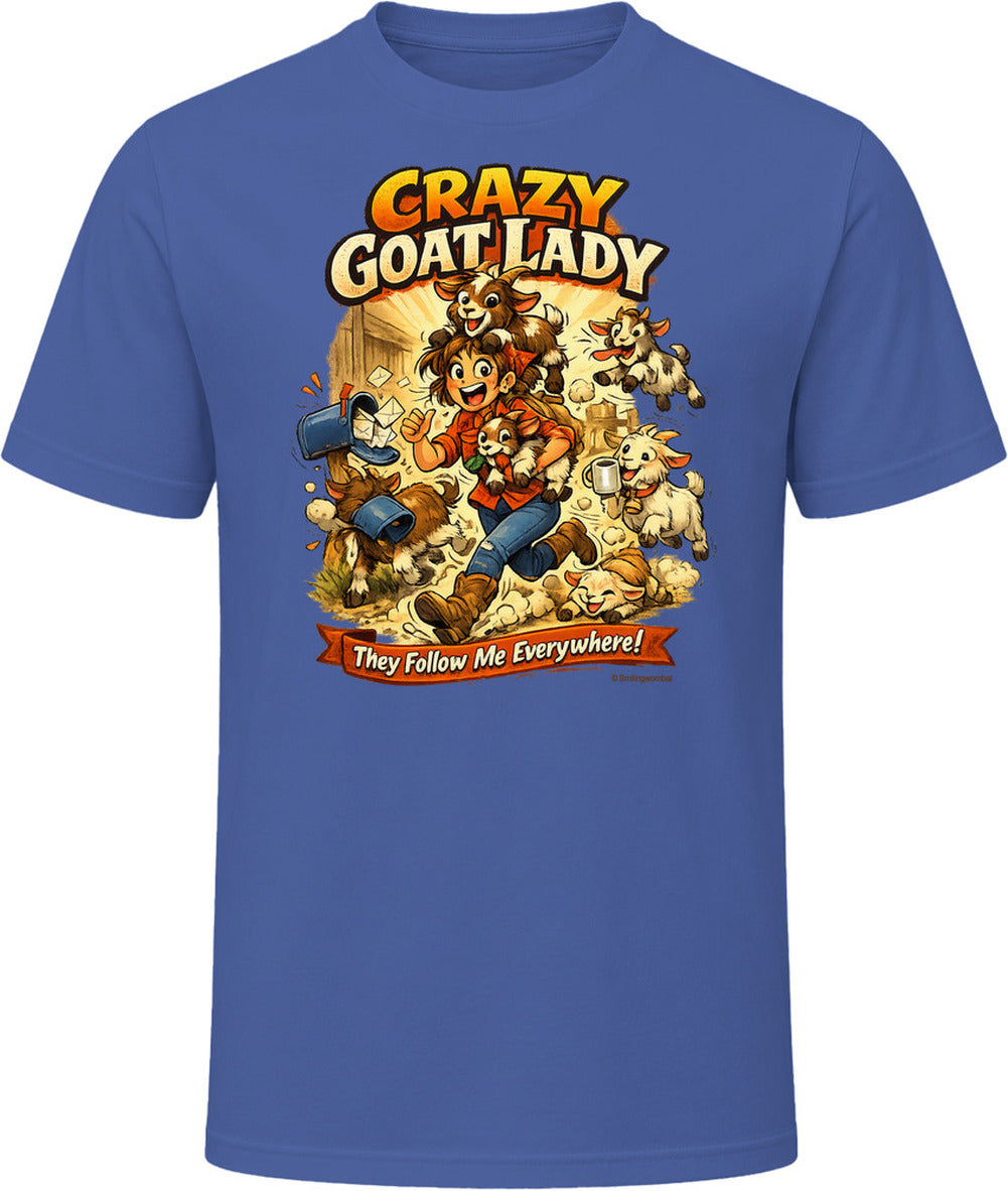 Navy T-shirt with Crazy Goat Lady cartoon woman and goats, reading They Follow Me Everywhere! 