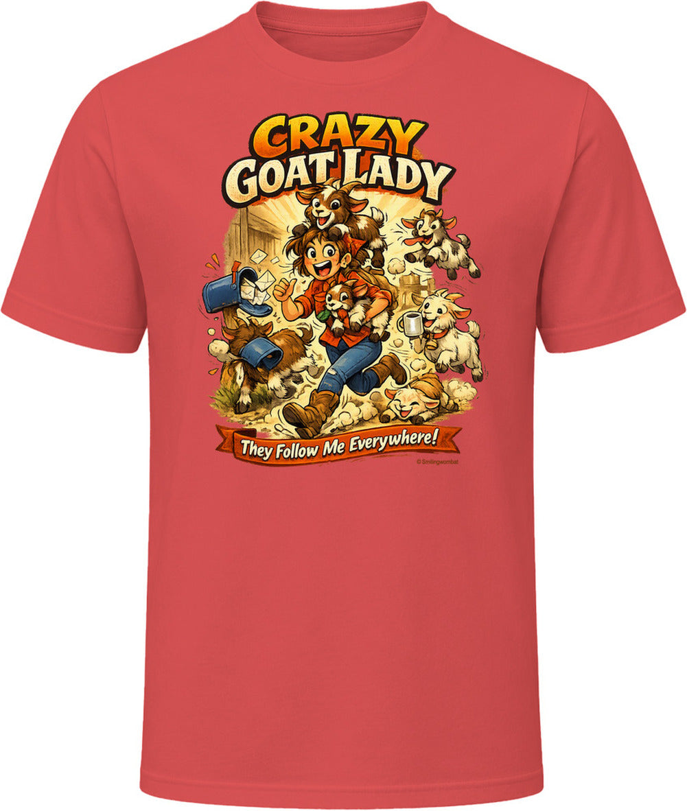 Red T-shirt with Crazy Goat Lady cartoon woman and goats, reading They Follow Me Everywhere!
