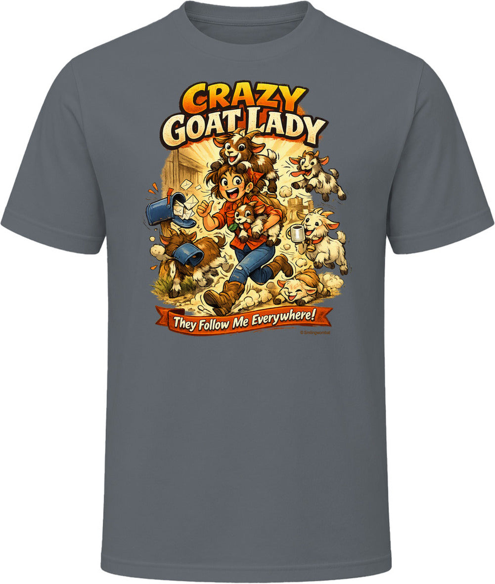 Charcoal Grey T-shirt with Crazy Goat Lady cartoon woman and goats, reading They Follow Me Everywhere!