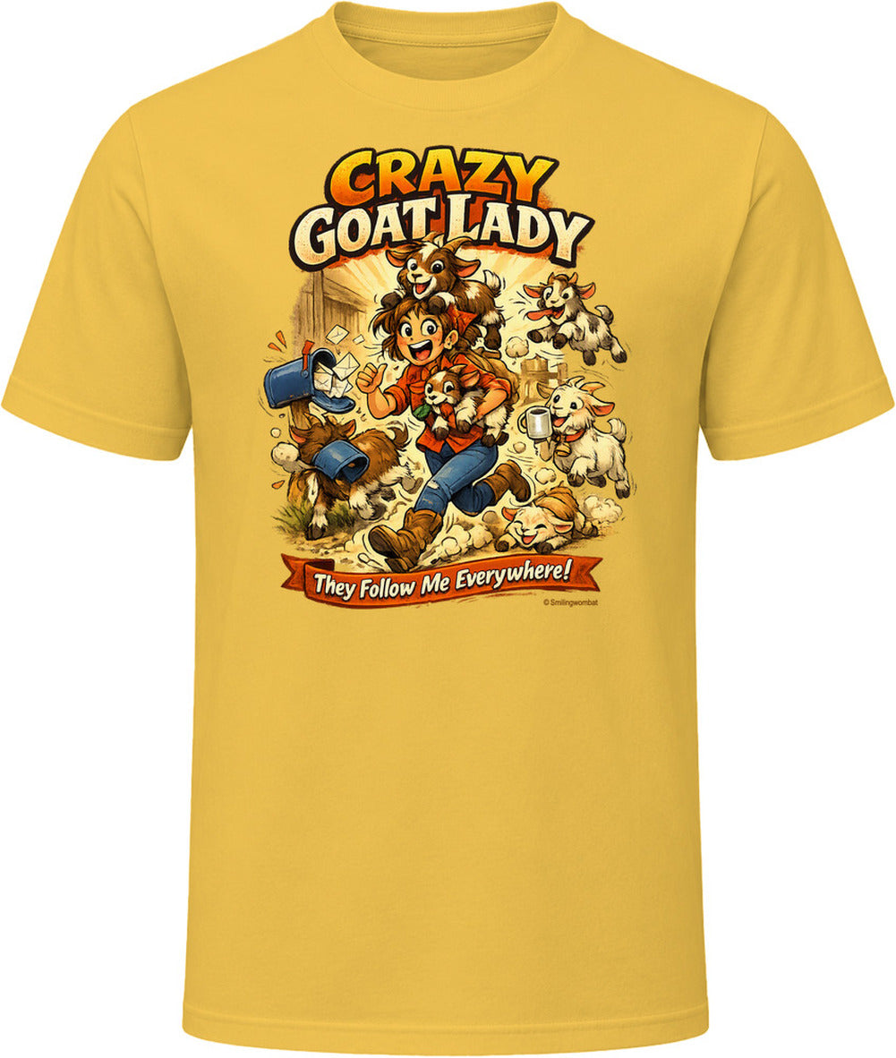 Daisy yellow T-shirt with Crazy Goat Lady cartoon woman and goats, reading They Follow Me Everywhere! 