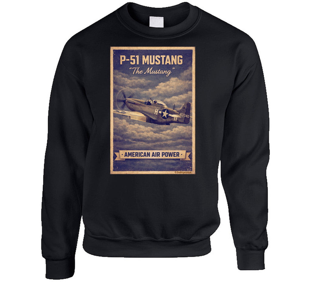 Black crewneck sweatshirt with distressed P-51 Mustang fighter plane artwork and American Air Power banner.