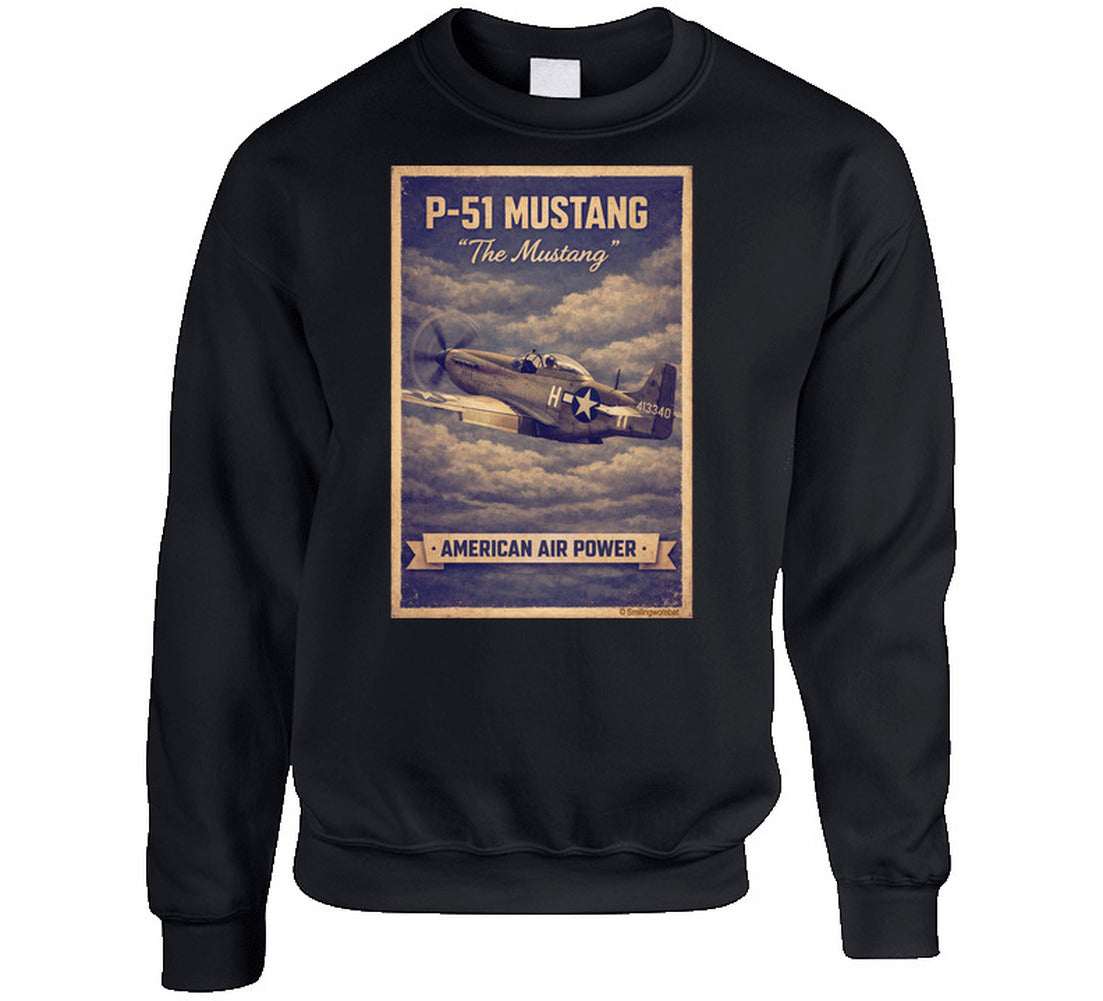 Black crewneck sweatshirt with distressed P-51 Mustang fighter plane artwork and American Air Power banner.