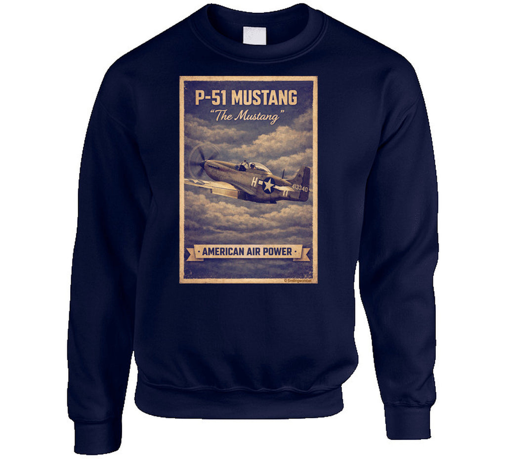 Navy crewneck sweatshirt with distressed P-51 Mustang fighter plane artwork and American Air Power banner
