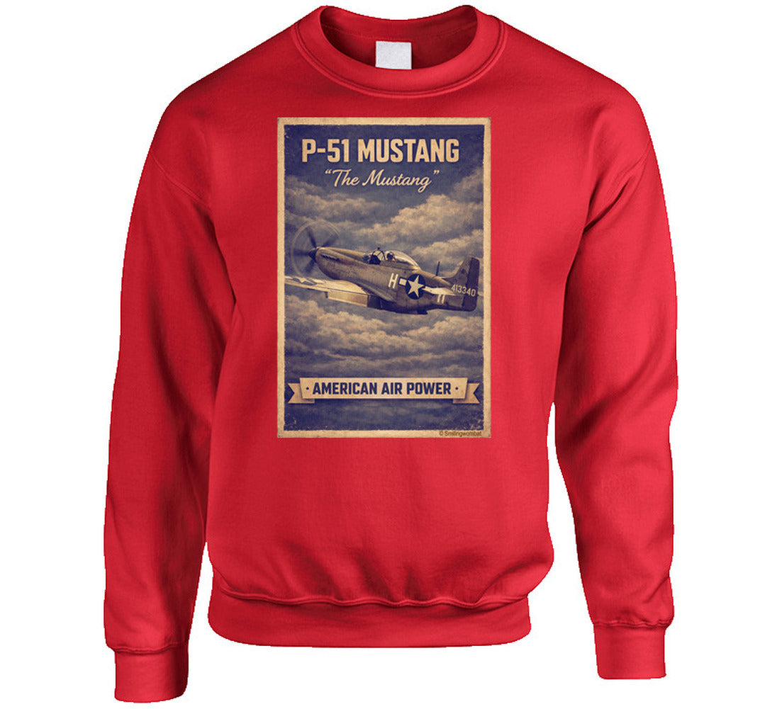 Red crewneck sweatshirt with distressed P-51 Mustang fighter plane artwork and American Air Power banner.