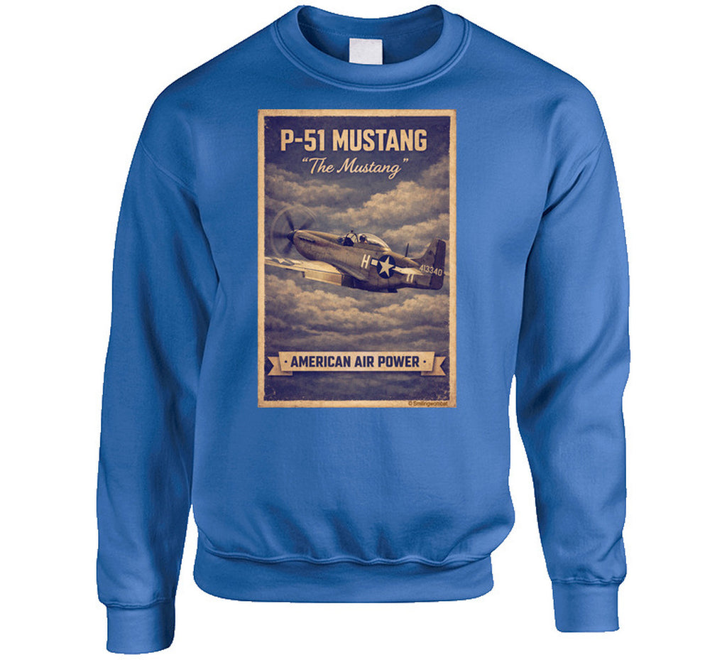 Royal blue crewneck sweatshirt with distressed P-51 Mustang fighter plane artwork and American Air Power banner.