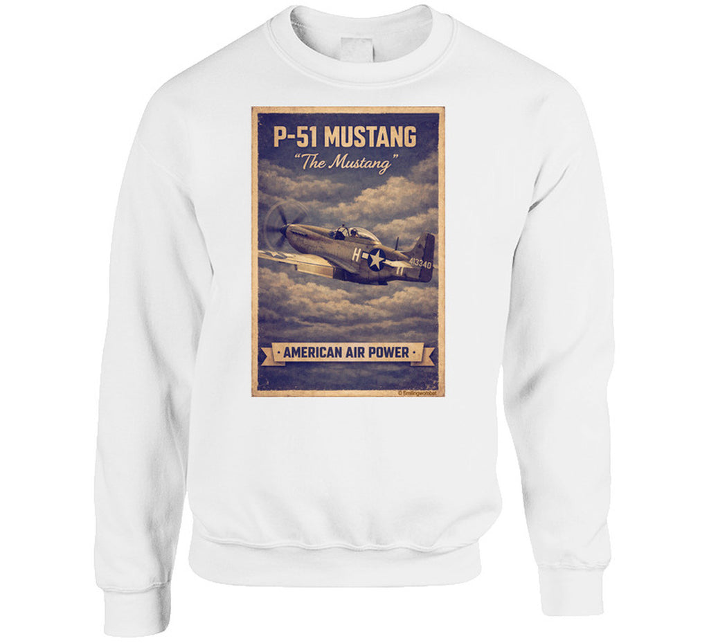 White crewneck sweatshirt with distressed P-51 Mustang fighter plane artwork and American Air Power banne