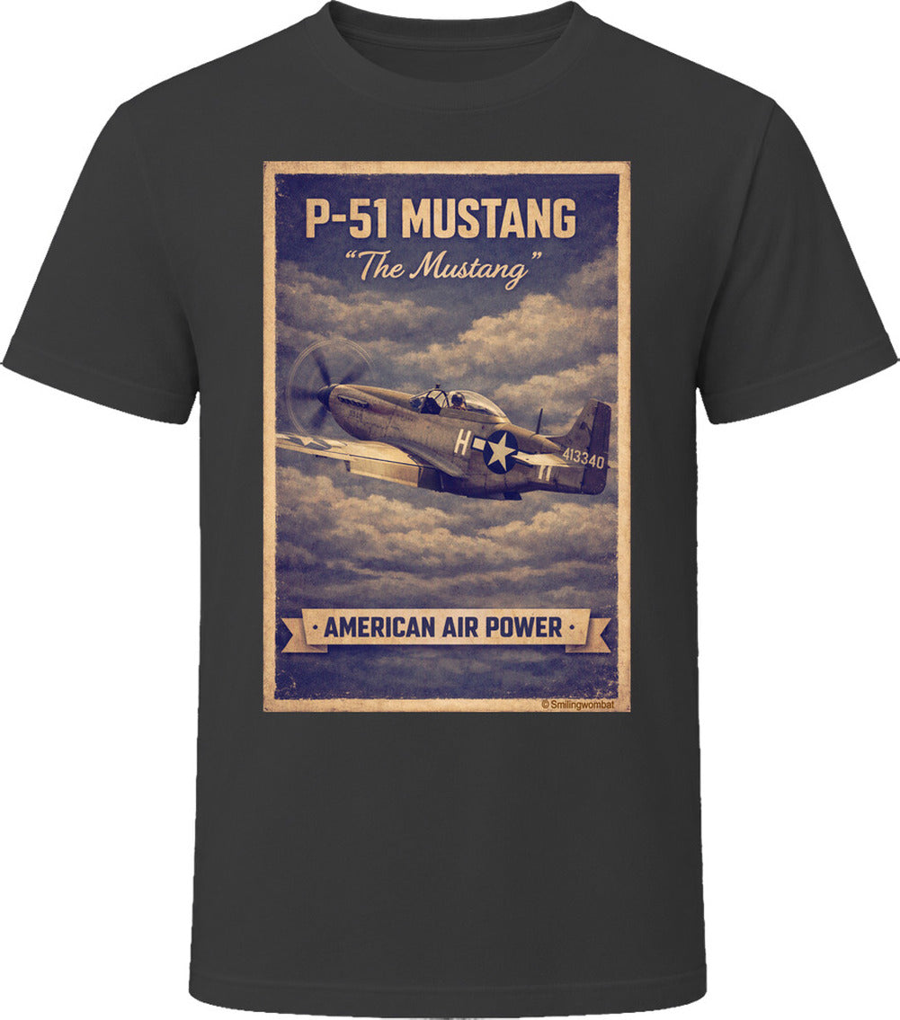 Black T-shirt with distressed P-51 Mustang fighter plane artwork and American Air Power banner.