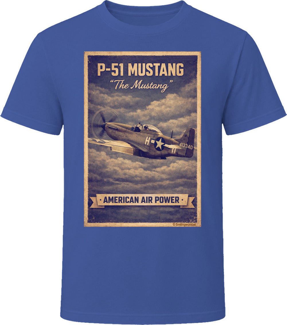 Navy T-shirt with distressed P-51 Mustang fighter plane artwork and American Air Power banner.