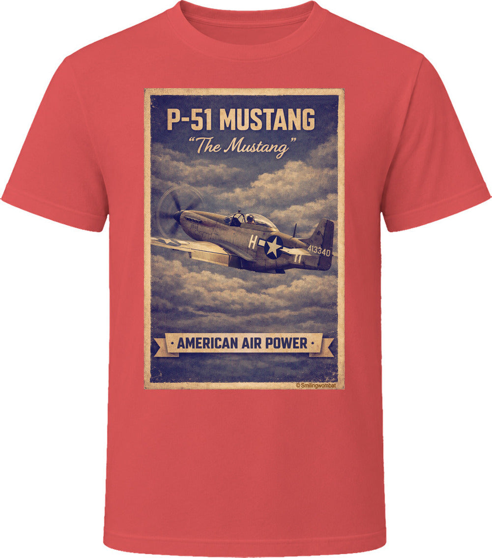 Red T-shirt with distressed P-51 Mustang fighter plane artwork and American Air Power banner.