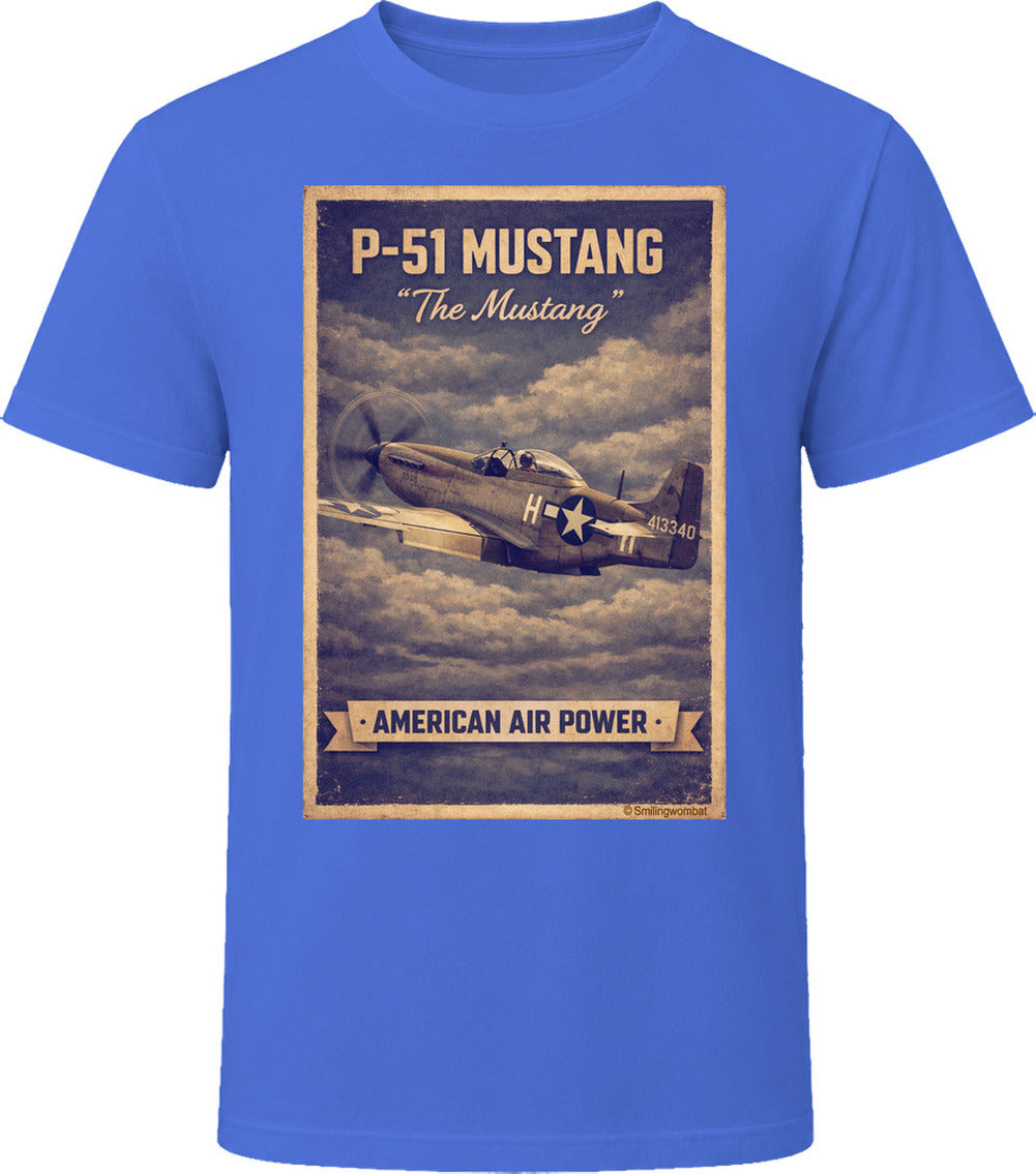 Royal blue T-shirt with distressed P-51 Mustang fighter plane artwork and American Air Power banner.