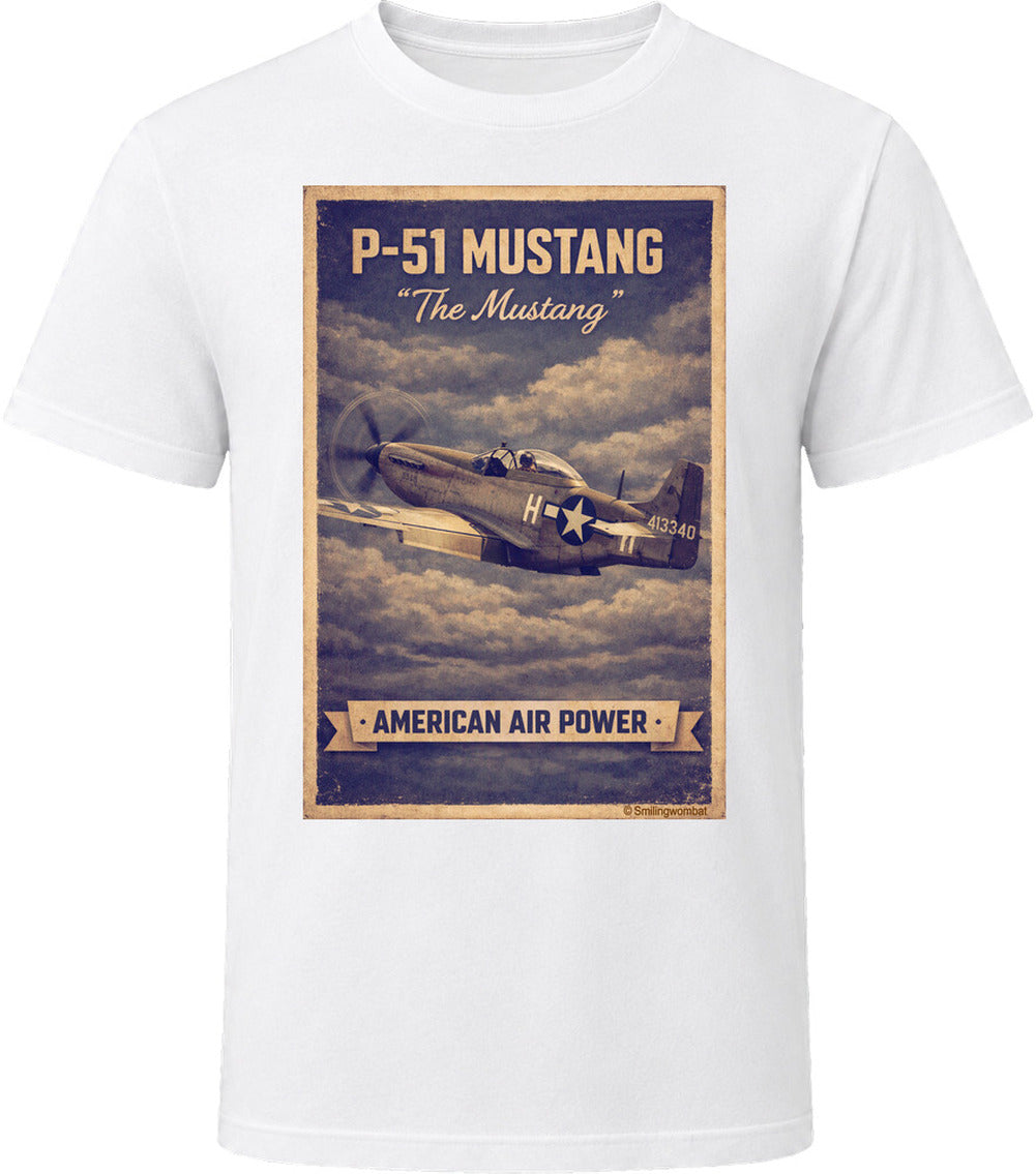 White T-shirt with distressed P-51 Mustang fighter plane artwork and American Air Power banner.