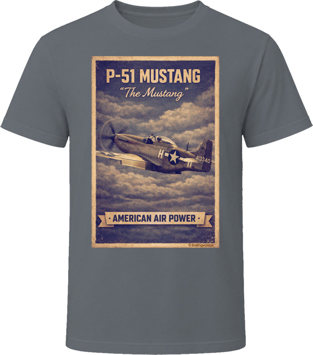Charcoal grey T-shirt with distressed P-51 Mustang fighter plane artwork and American Air Power banner.