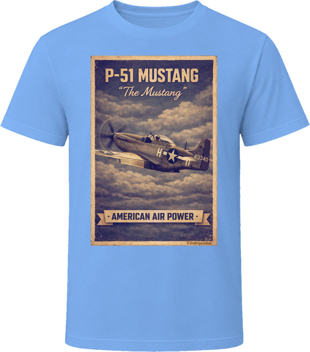 Light Blue T-shirt with distressed P-51 Mustang fighter plane artwork and American Air Power banner.