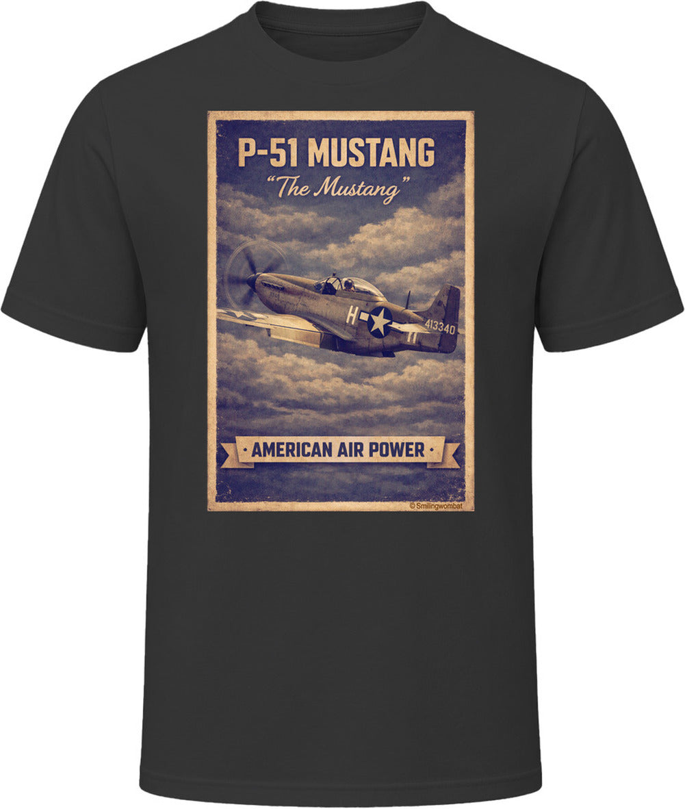 Black T-shirt with distressed P-51 Mustang fighter plane artwork and American Air Power banner.
