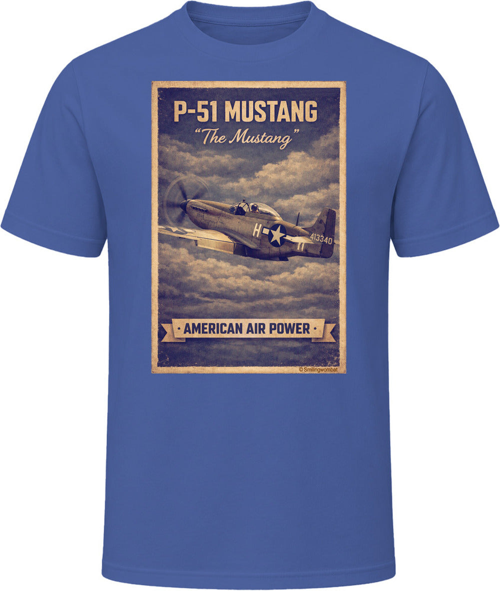 Navy T-shirt with distressed P-51 Mustang fighter plane artwork and American Air Power banner.