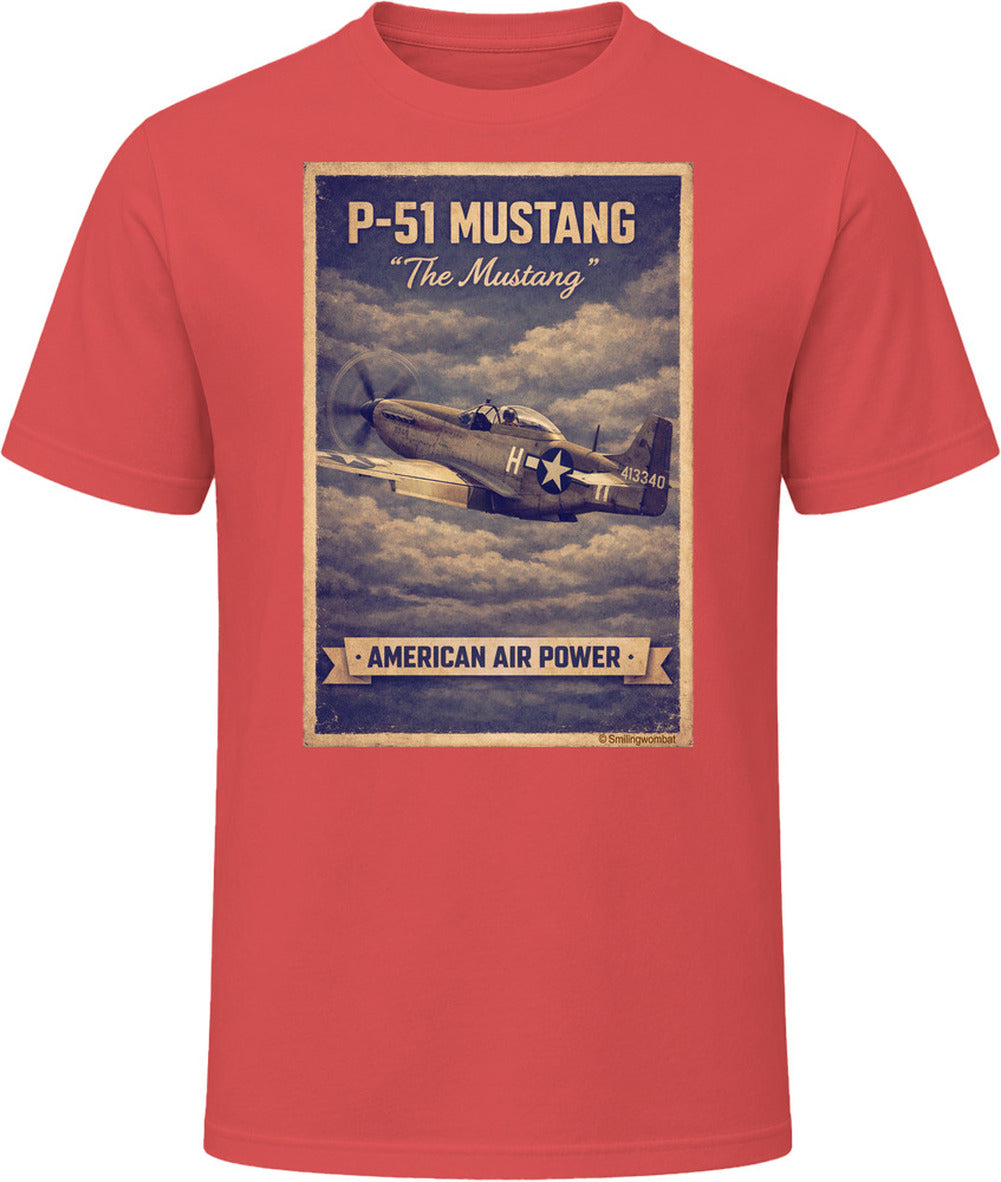 Red T-shirt with distressed P-51 Mustang fighter plane artwork and American Air Power banner.