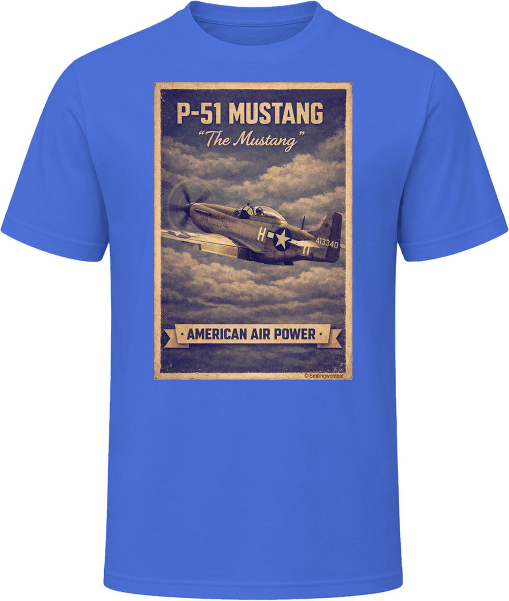 Royal blue T-shirt with distressed P-51 Mustang fighter plane artwork and American Air Power banner.