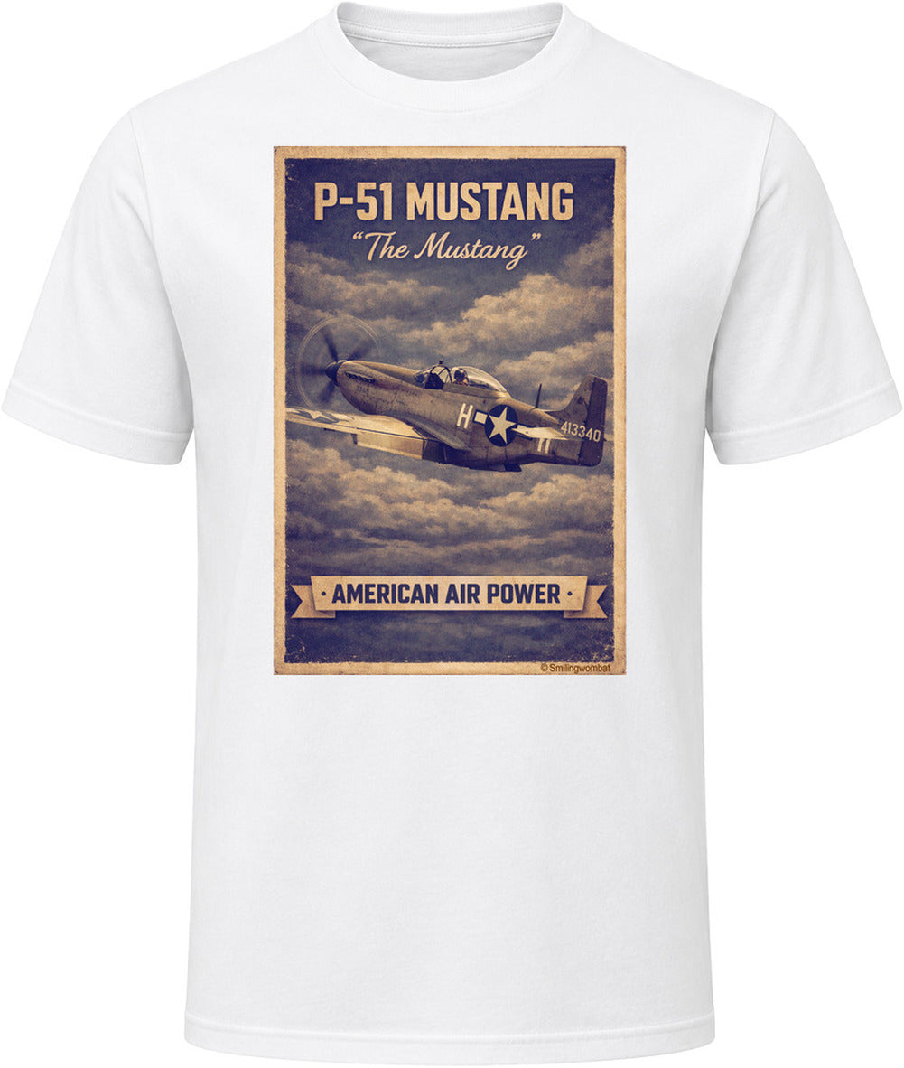 White T-shirt with distressed P-51 Mustang fighter plane artwork and American Air Power banner.