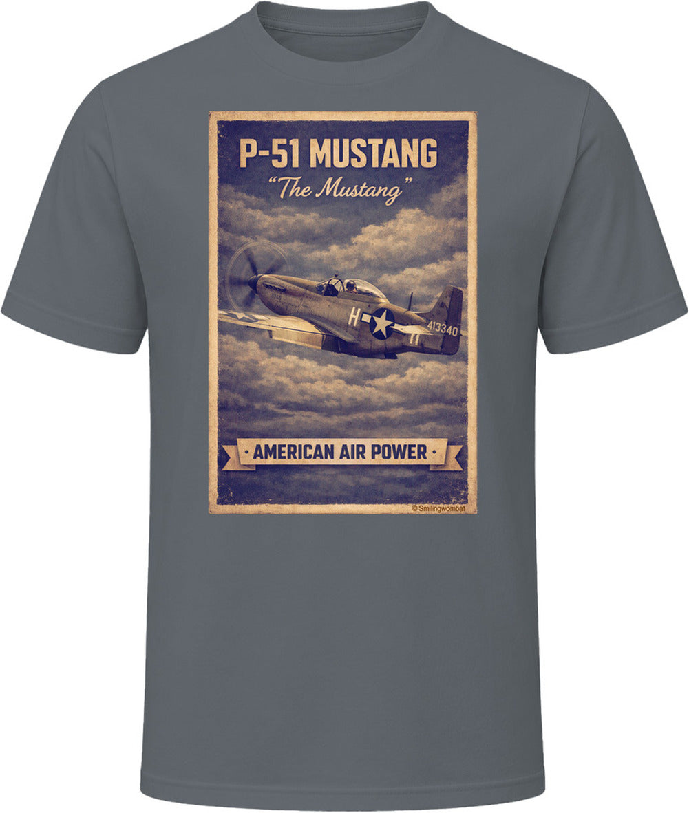 Charcoal grey T-shirt with distressed P-51 Mustang fighter plane artwork and American Air Power banner.