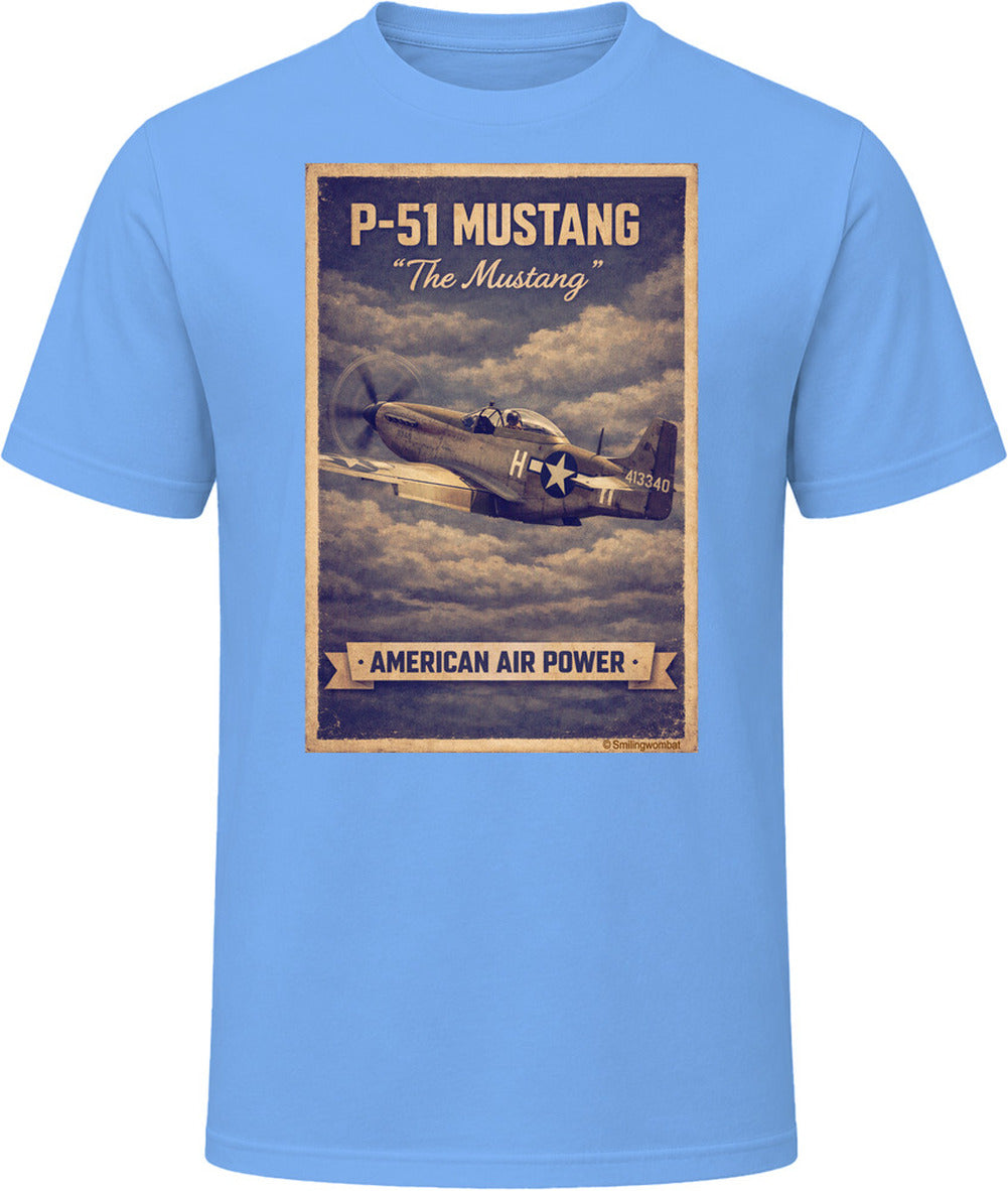 Light Blue T-shirt with distressed P-51 Mustang fighter plane artwork and American Air Power banner.