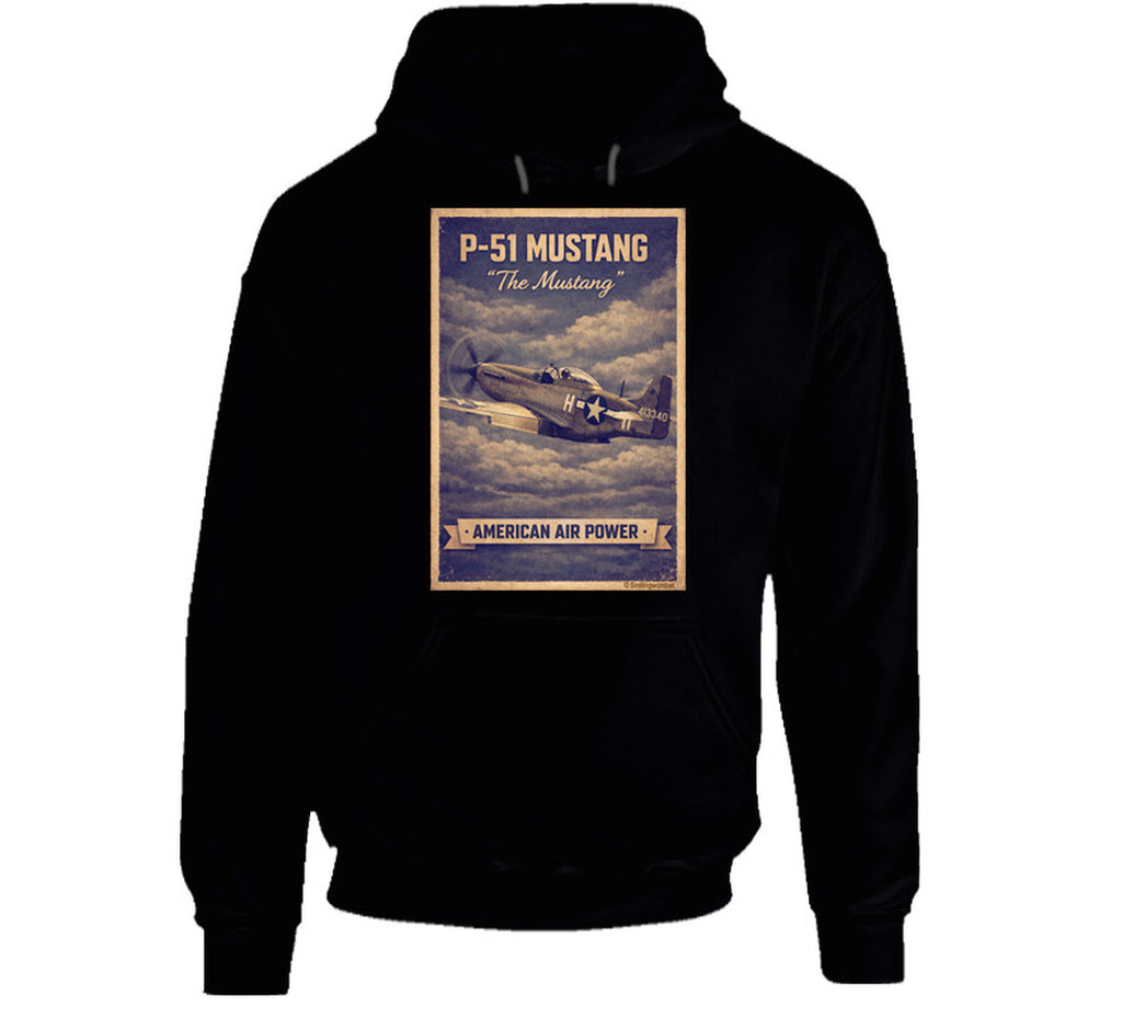 Black hoodie with distressed P-51 Mustang fighter plane artwork and American Air Power banner.