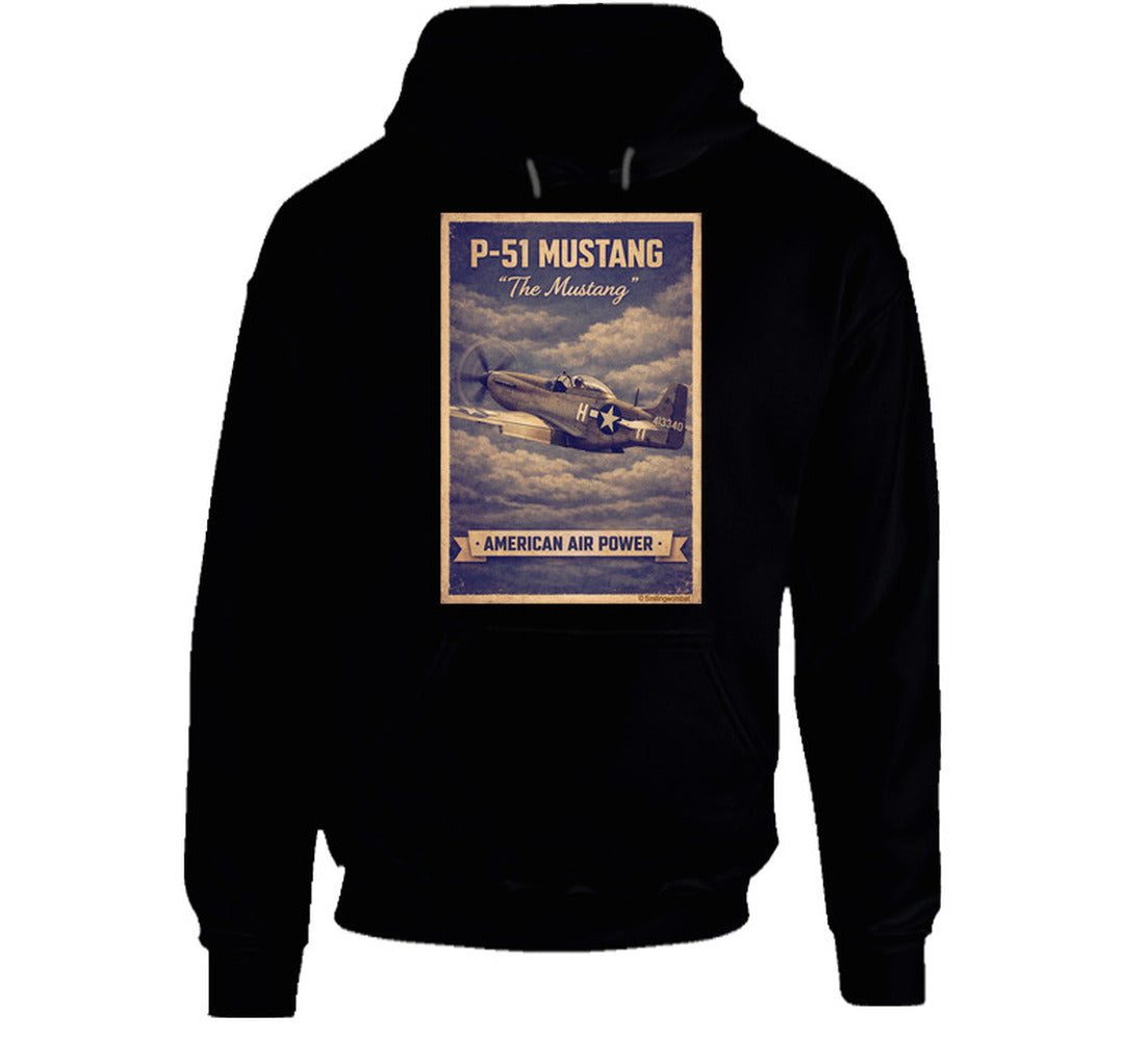 Black hoodie with distressed P-51 Mustang fighter plane artwork and American Air Power banner.