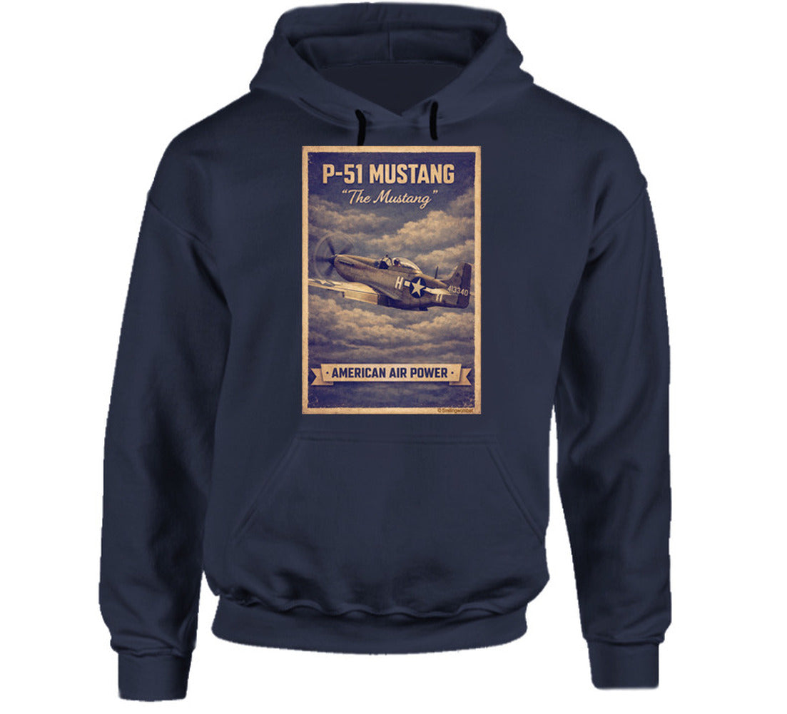 Navy hoodie with distressed P-51 Mustang fighter plane artwork and American Air Power banner.