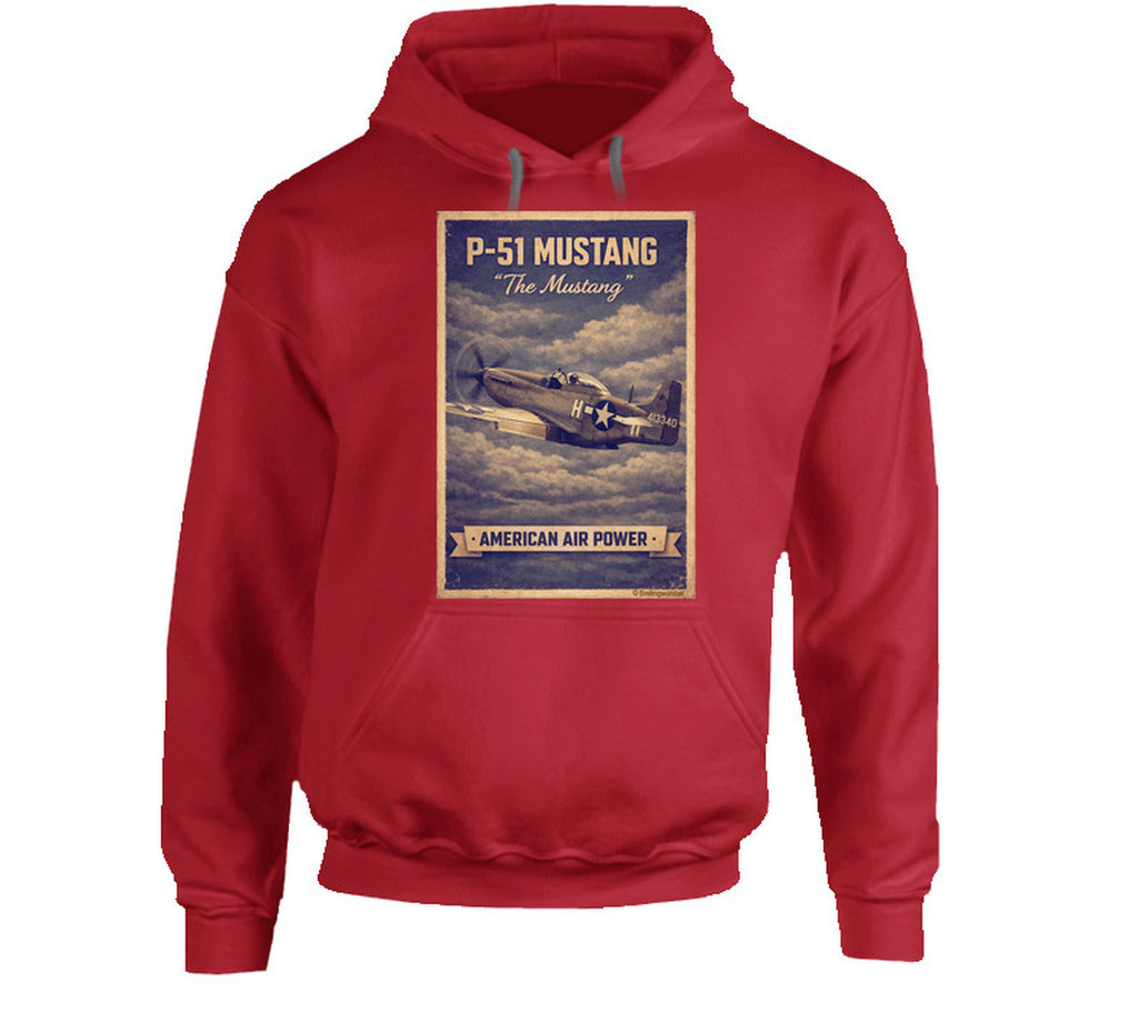 Red hoodie with distressed P-51 Mustang fighter plane artwork and American Air Power banner.