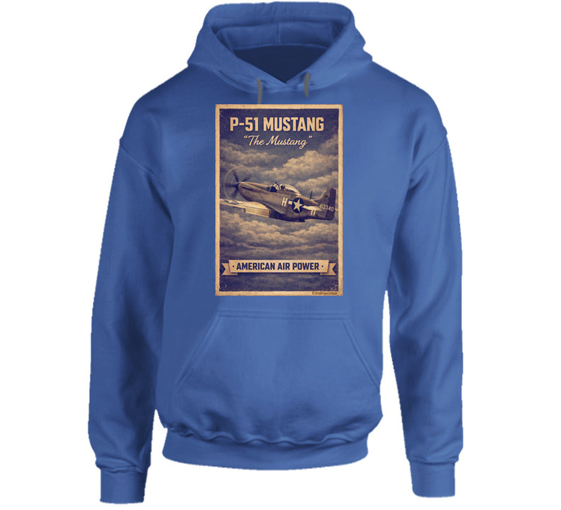 Royal blue hoodie with distressed P-51 Mustang fighter plane artwork and American Air Power banner.