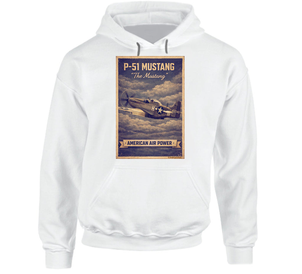 White hoodie with distressed P-51 Mustang fighter plane artwork and American Air Power banner.