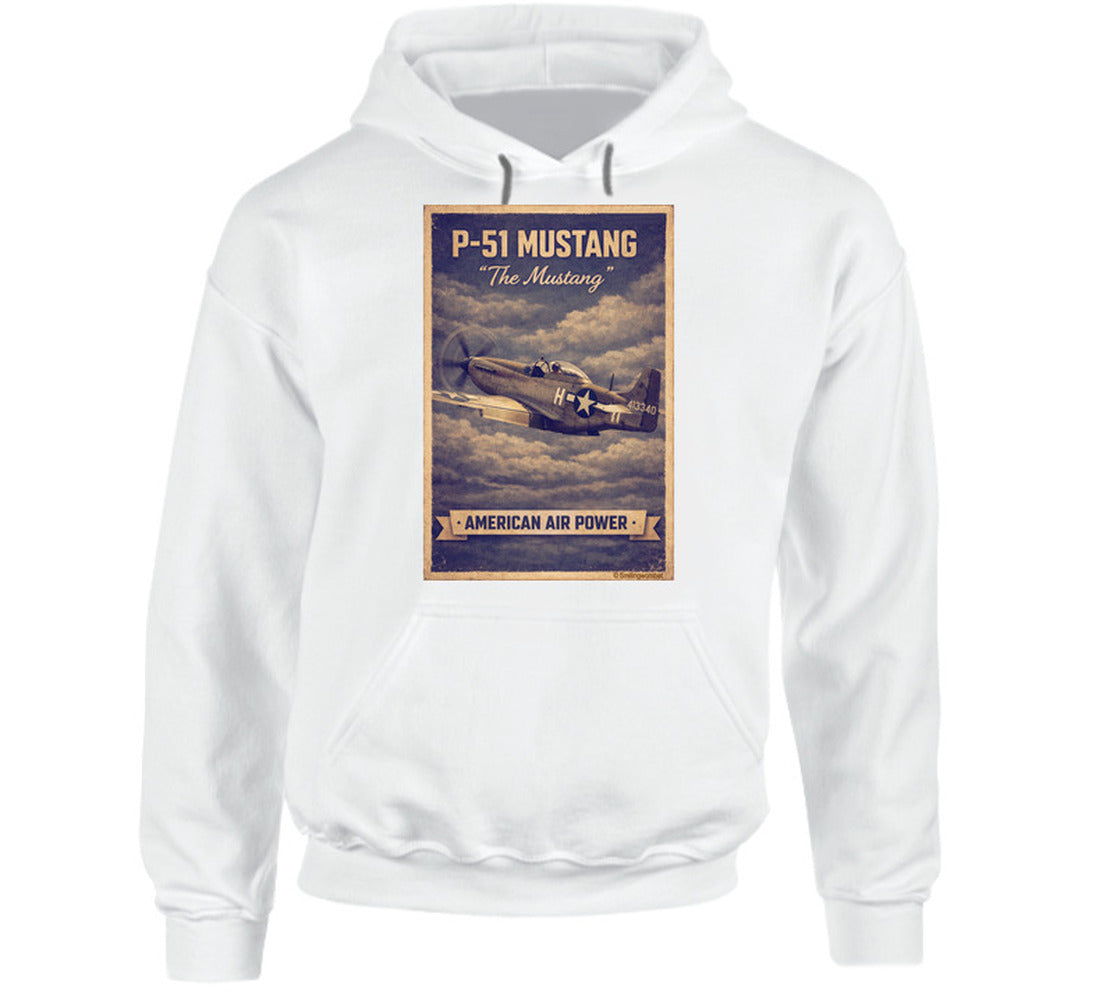 White hoodie with distressed P-51 Mustang fighter plane artwork and American Air Power banner.