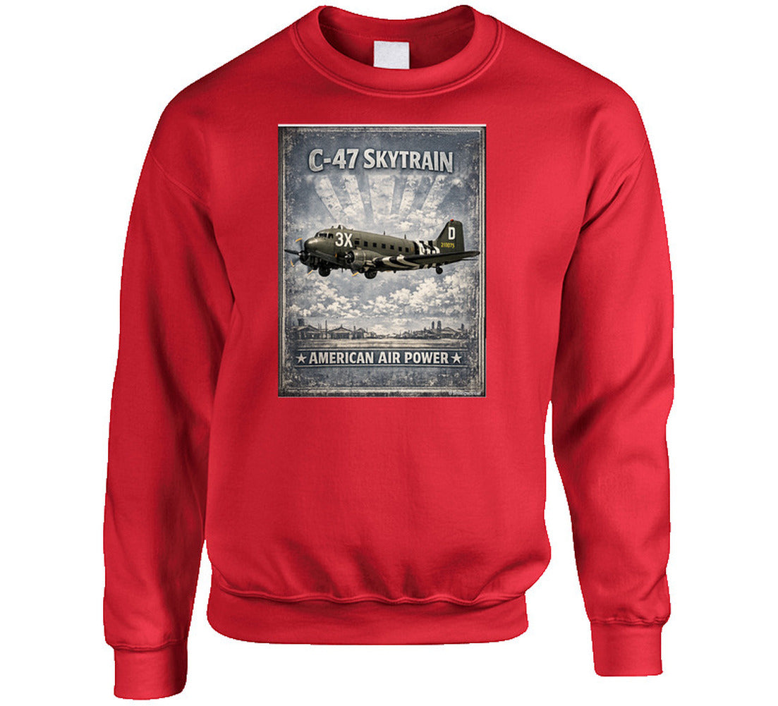 Red sweatshirt with distressed C-47 Skytrain WW2 cargo plane artwork and American Air Power lettering.