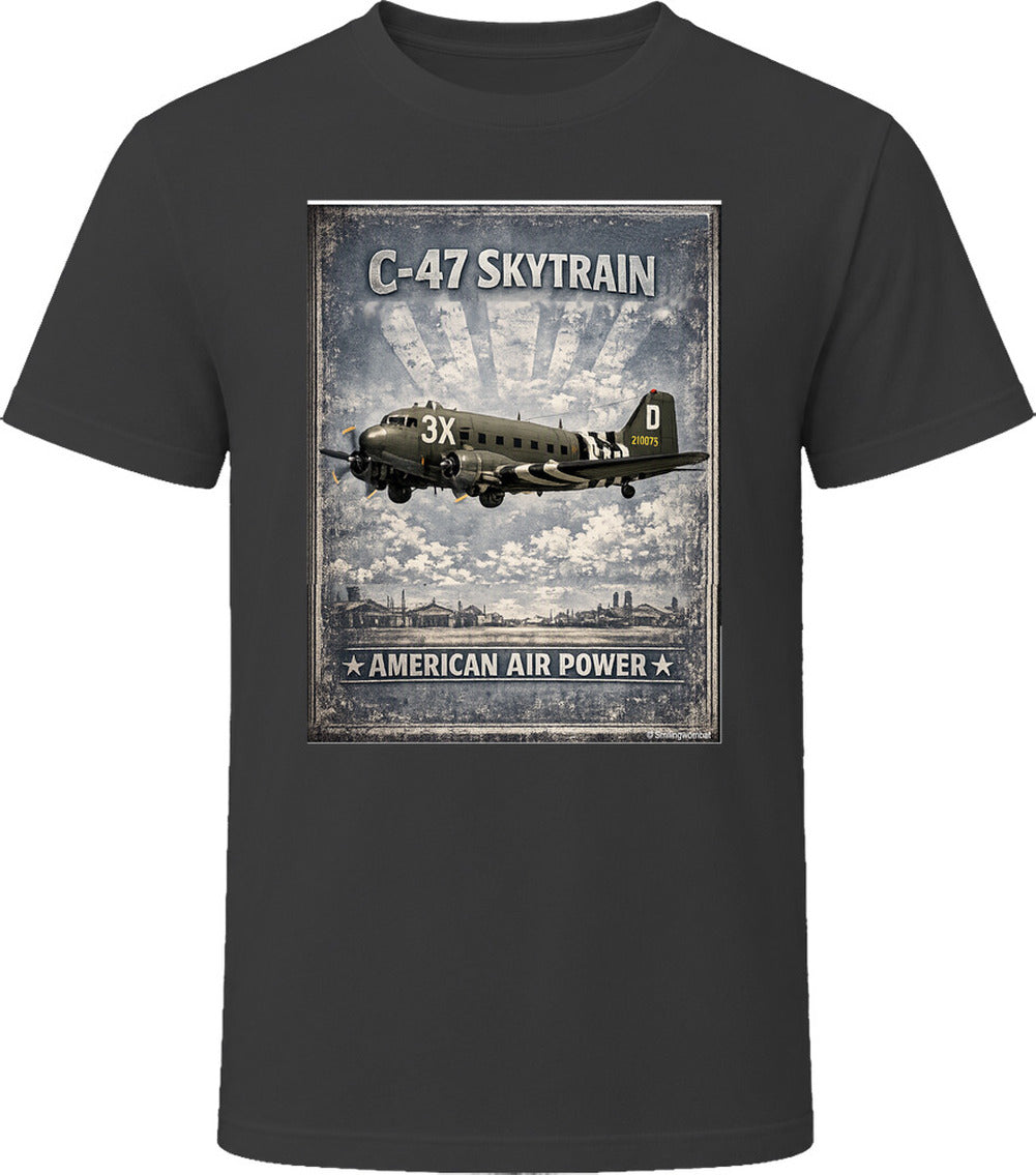 Black T-shirt with distressed C-47 Skytrain WW2 cargo plane artwork and American Air Power lettering.