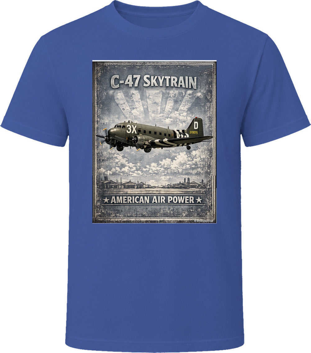 Navy T-shirt with distressed C-47 Skytrain WW2 cargo plane artwork and American Air Power lettering.